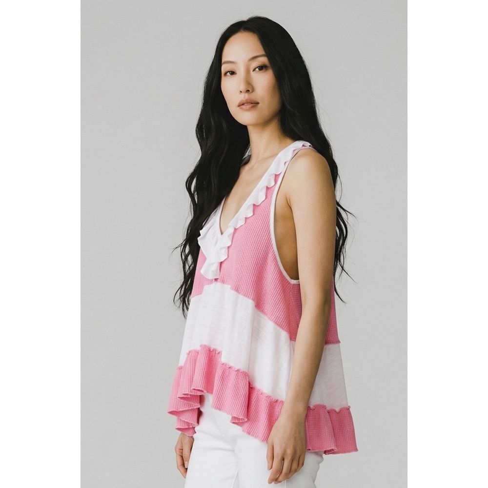 POL Pink Ruffle V Neck Tunic Tank | Sleeveless Color Block Flowy Boho Top - Picture 3 of 6